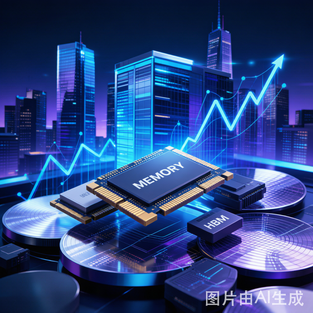 Micron AI内存芯片与股市上涨概念图