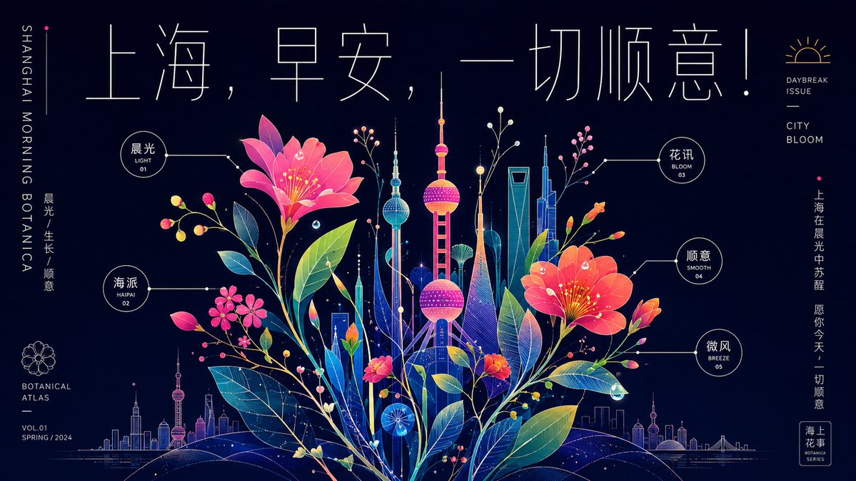 霓彩植物图谱风格上海早安设计海报