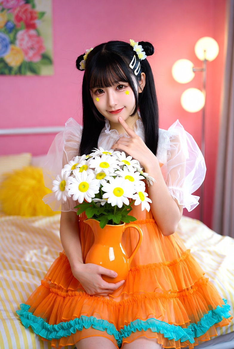 橙色荷叶边裙日本少女粉色卧室人像