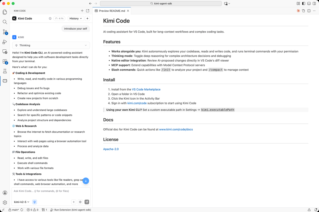 Kimi CLI 在 VS Code 中的集成效果
