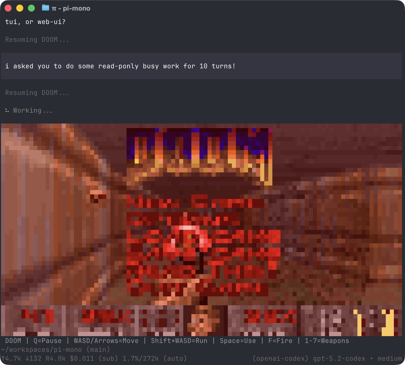 官方扩展示例：等待模型响应时在终端里跑 Doom