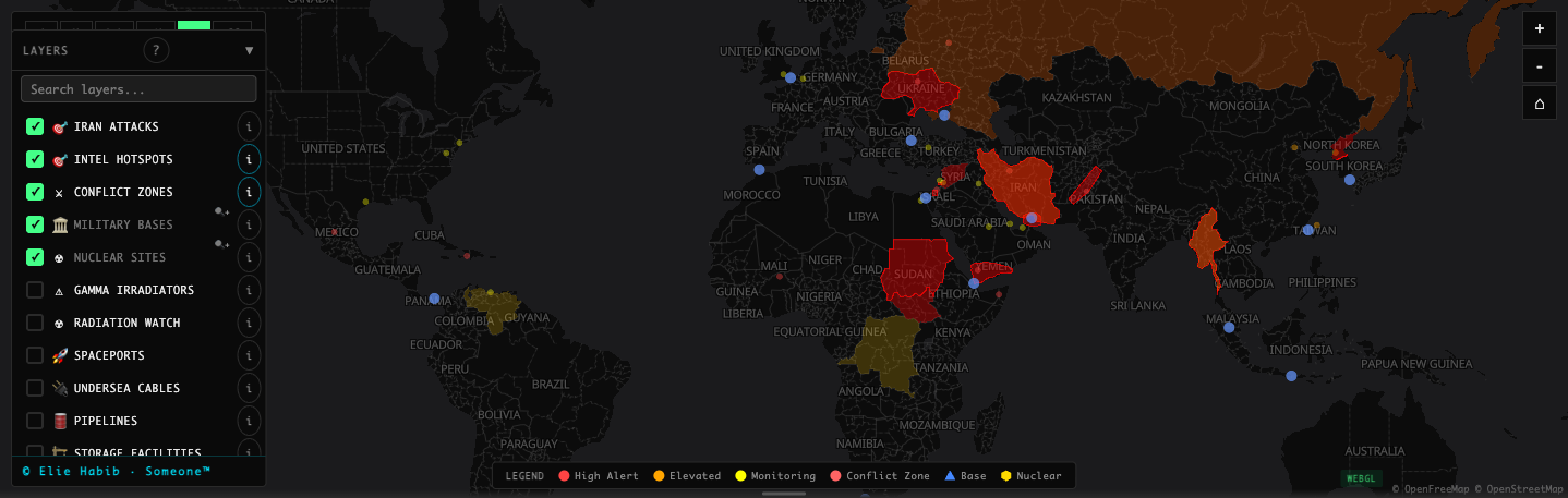 World Monitor WebGL 平面地图(deck.gl),56 种地图图层