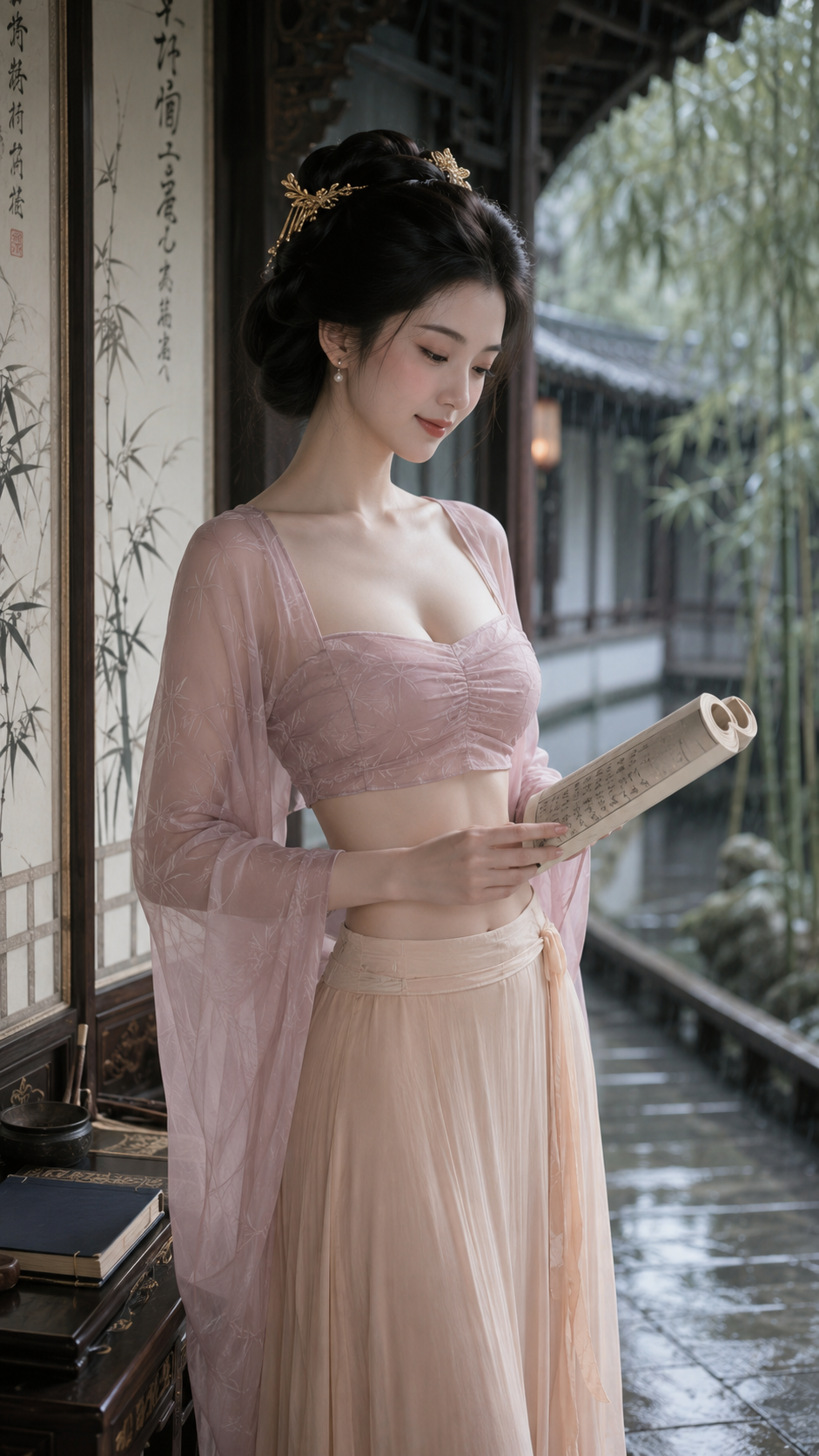 雨后竹影映红袖：唐风才女书卷写真