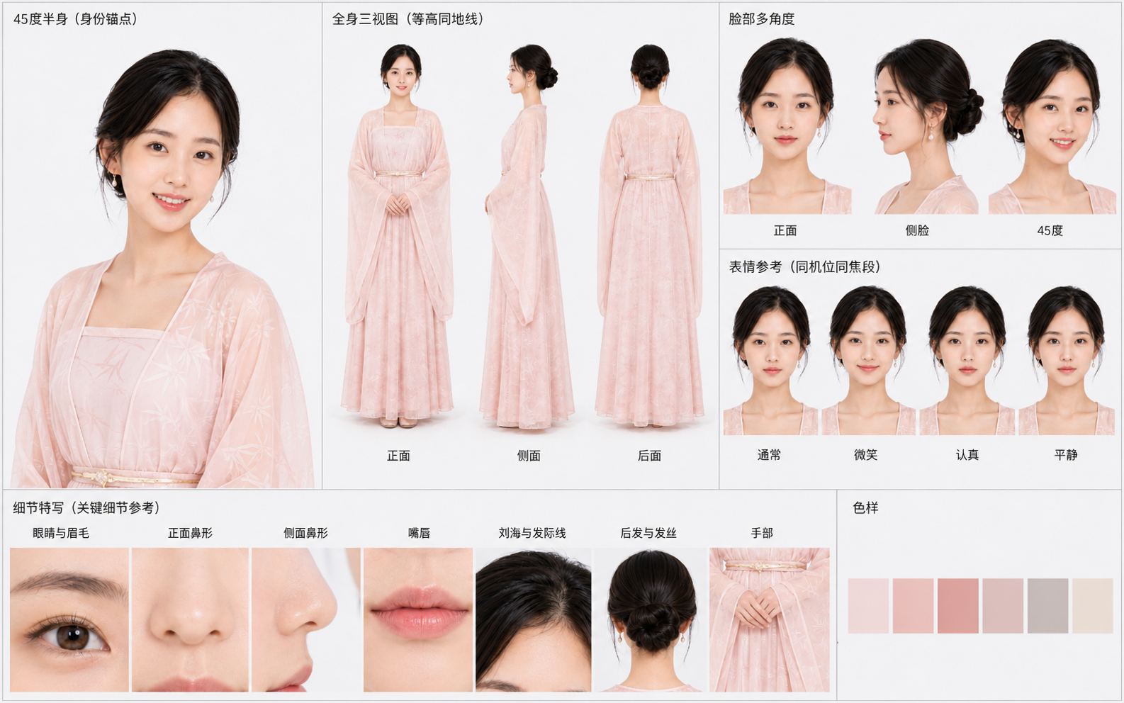 粉色竹纹汉服女子身份一致性角色设定图