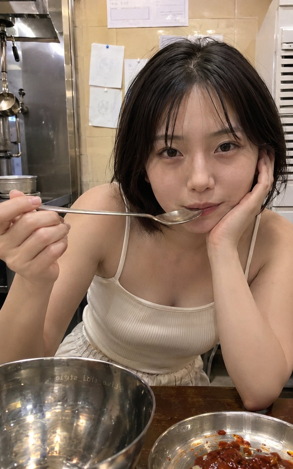 餐厅品尝食物的日本女性日常抓拍