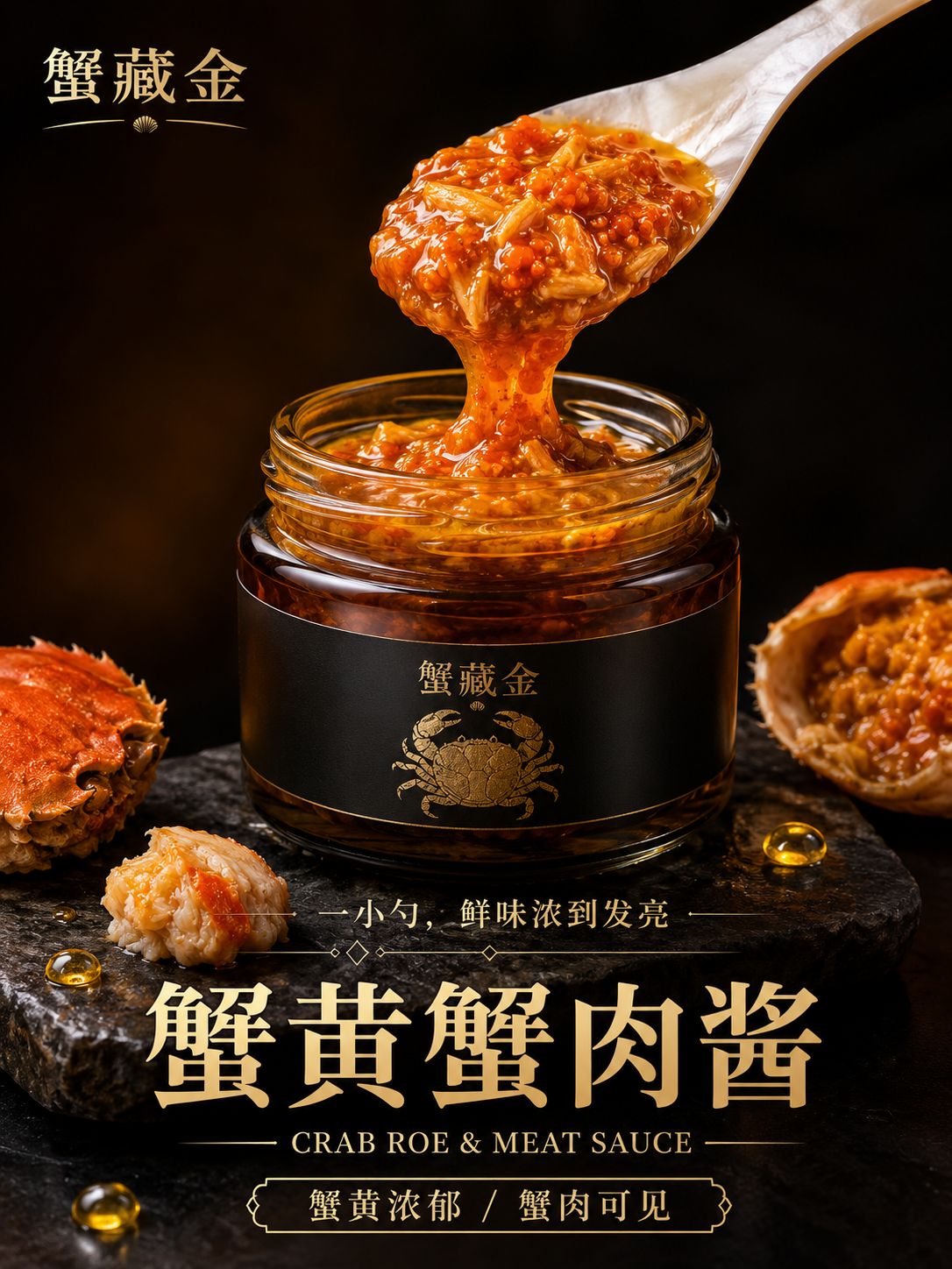 奢华蟹藏金：极致写实蟹黄酱商业海报