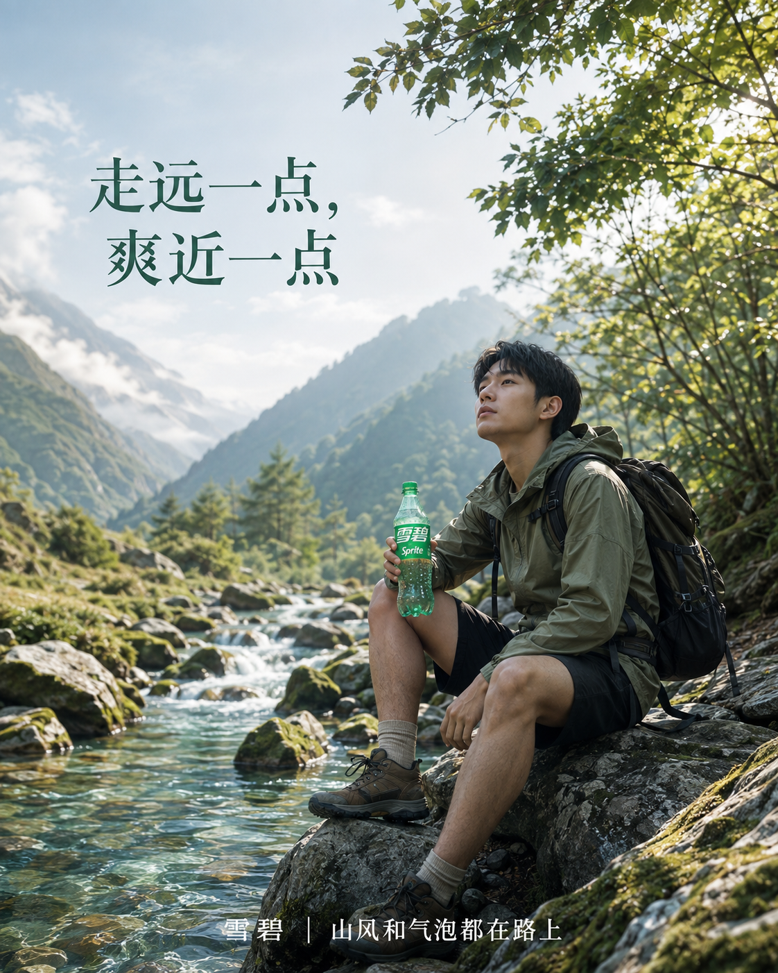 晨雾山谷雪碧徒步商业摄影海报