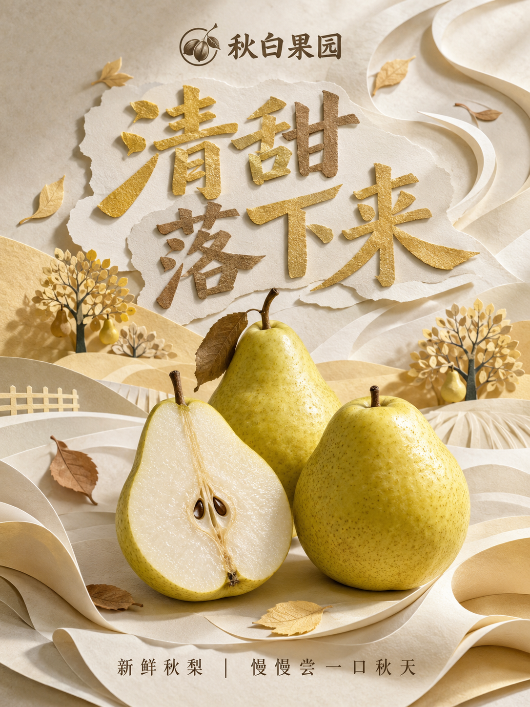 手工纸雕风秋梨海报清甜落下来