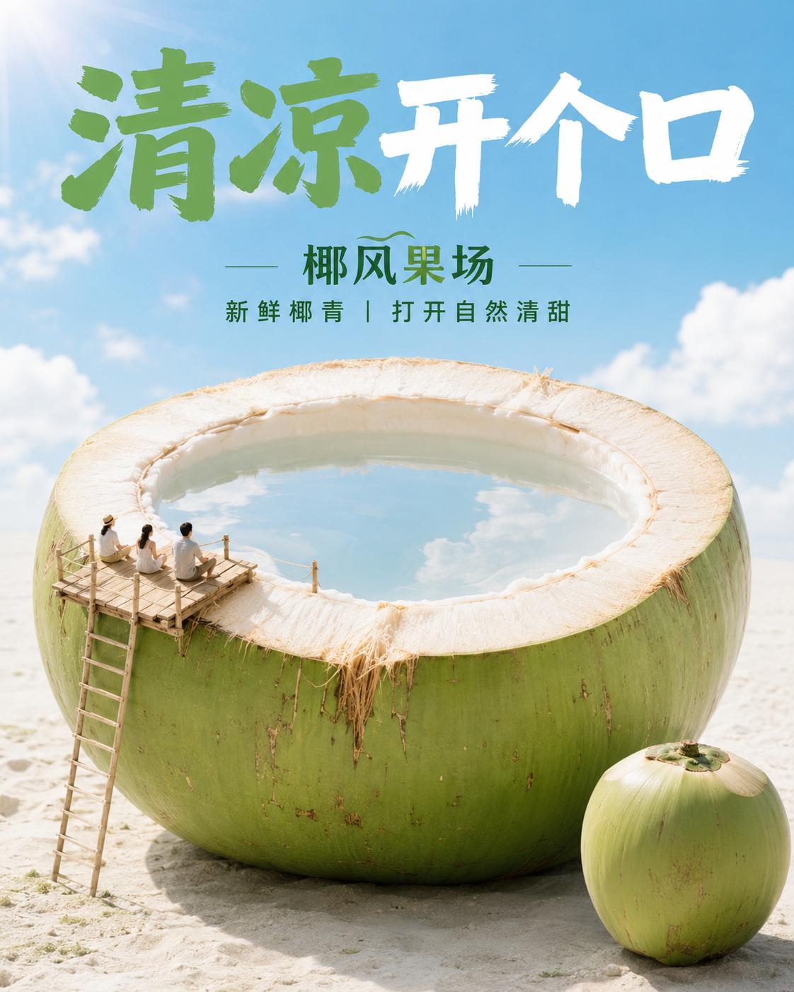 创意椰青海报超现实微缩景观构图
