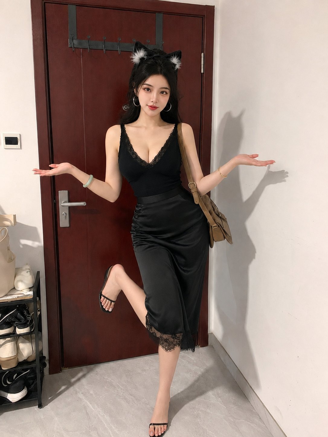 公寓玄关黑裙猫耳亚裔美女写实全身像