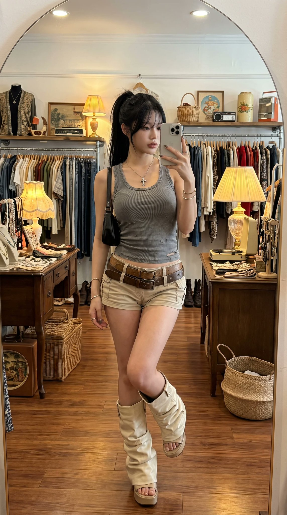 复古精品店少女镜面自拍穿搭人像
