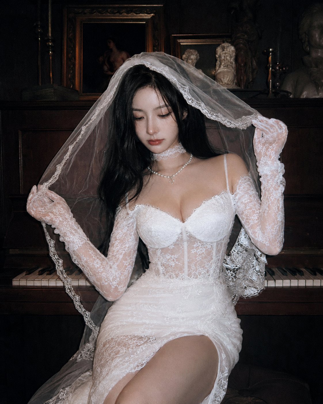 复古胶片质感钢琴少女蕾丝婚纱人像