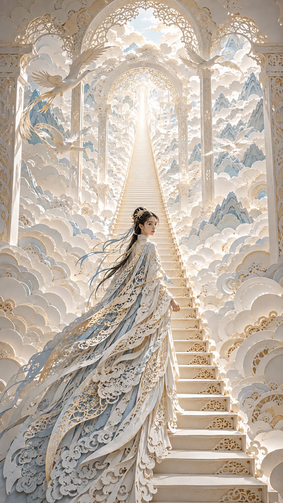 东方女性梦境无尽长阶立体纸雕艺术