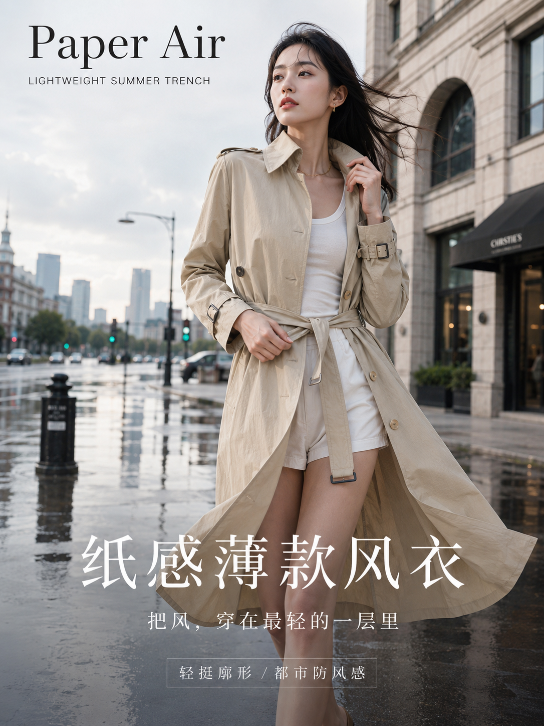 纸感风衣都市雨后时尚海报