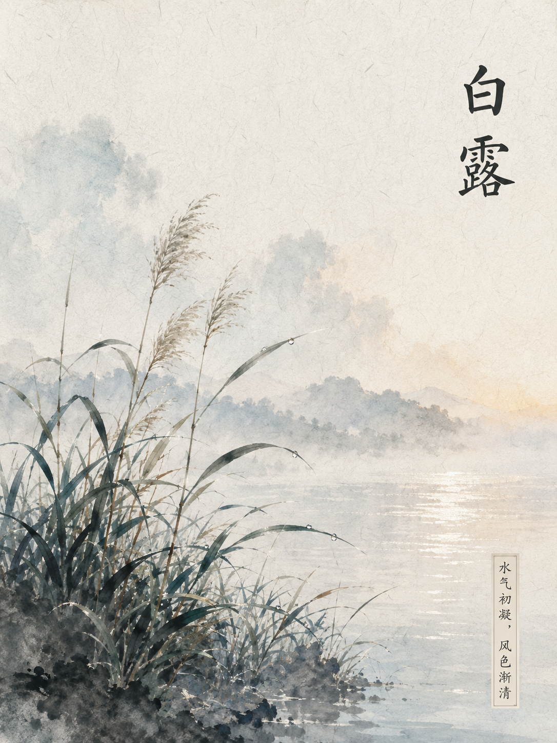 晨光微露：白露时节水墨芦草艺术海报